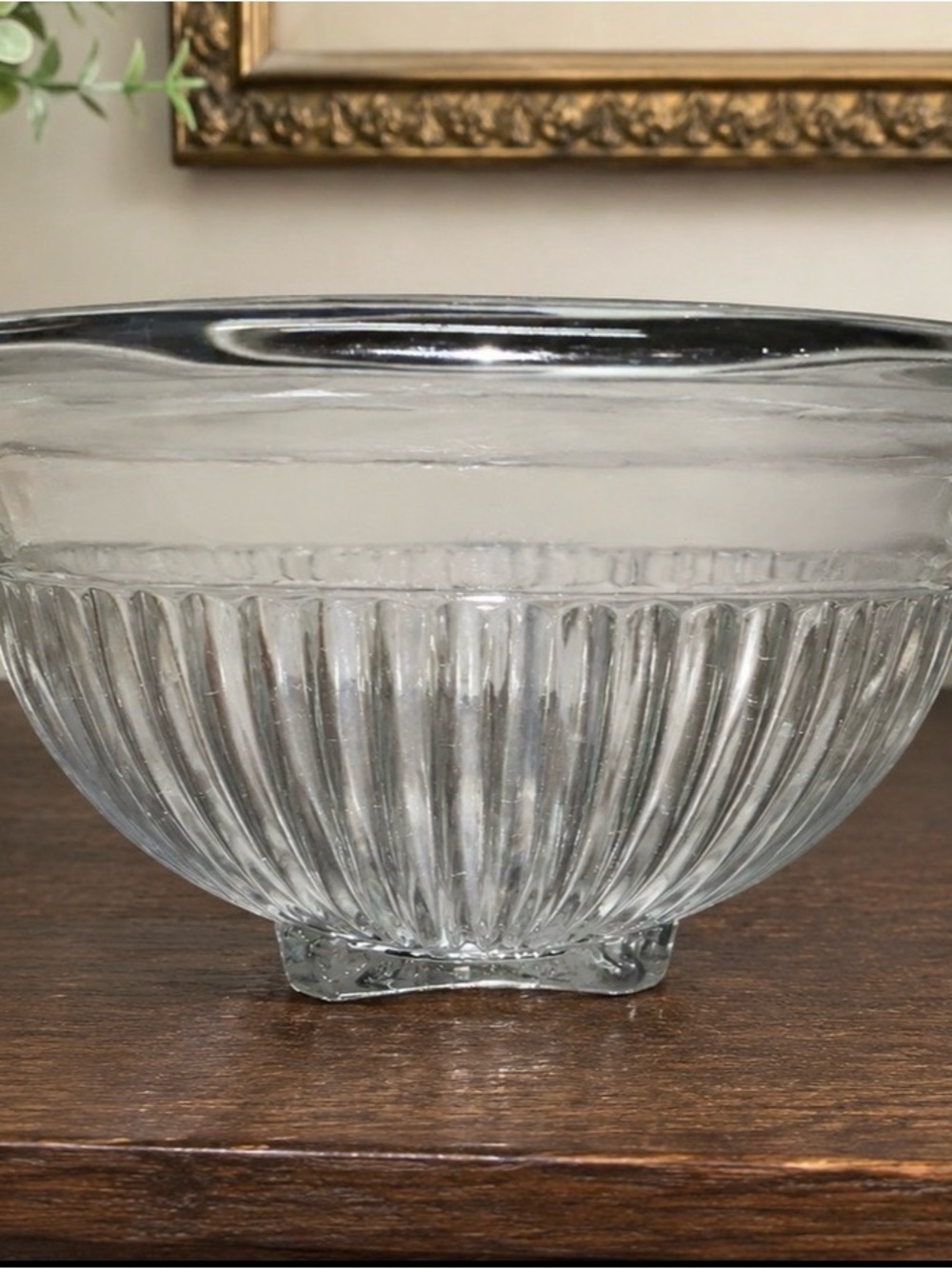 Vintage Clear Ribbed Glass Serving Bowl Flared Rim Square Foot 9.5” Centerpiece
